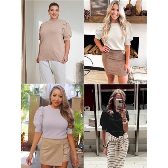 Women's Puff Short Sleeve Sweater Tops 2025 Spring Summer Fall Trendy - Picture 5 of 7